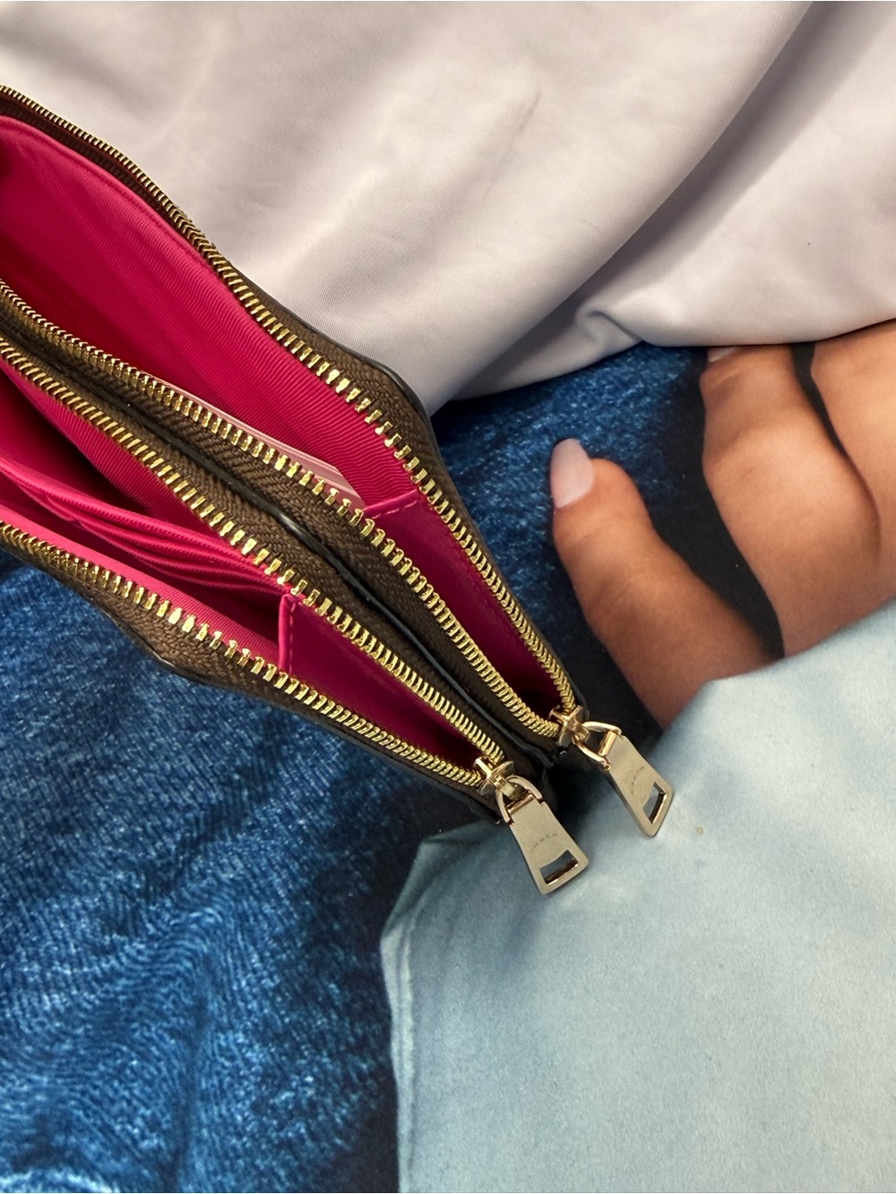 (new+tag) Coach Double-Zip Wristlet Brown Signature Monogram - Pink Wrist Strap - Picture 2 of 12